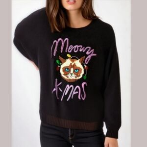 Hi&M Black & Purple Cats Meowy Ugly Christmas Knit Crewneck Sweater Size Medium